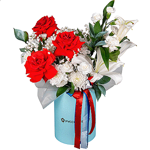 Red rose Nina 50 cm - 7, Gypsophila - 1, Baltica White Spray Chrysanthemum - 1, White spray carnation - 4, Carnation white, cream - 3, Lilies - 1, Round flower box medium, Oasis, Ruscus, Ribbon