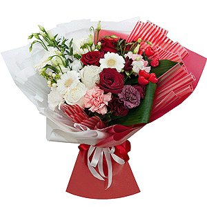 Gerbera white - 5, lisianthus - 3, Red rose 50 cm - 4, White rose 50 cm - 3, Lilac carnation - 1, Spray rose: red 50 cm - 4, Pink carnation - 3, Carnation white, cream - 3, Hypericum, Eucalyptus parvifolia (1 pc.), Aspidistra (1 pc.), Decorative element small, Wrapping Paper