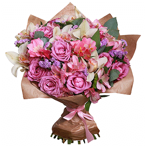 Rose Purple 50 cm Ecuador (Deep Water, Deep Purple, Moody Blue) - 13, White Cymbidium Orchid Bud - 9, Alstromeria white, soft pink - 9, Blue Statice, Flask for orchids, Eucalyptus populus (1 pc.), Wrapping Paper