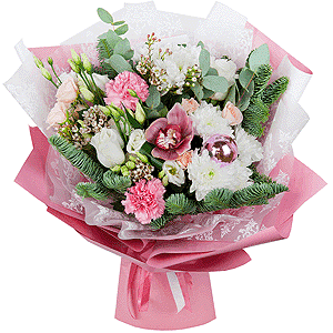 Baltica White Spray Chrysanthemum - 4, White rose 50 см. - 4, Bright pink spray rose mix, 50 cm - 3, Pink carnation - 3, Pink Cymbidium Orchid Bud - 2, lisianthus - 3, Spruce branches (1pc.), Flask for orchids, Aspidistra (1 pc.), Eucalyptus Cinerea, Christmas decor (set), Wrapping Paper, Waxflower (1 pc.)