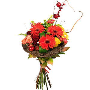 Red rose 50 cm - 3, Yellow rose 50 cm - 4, Gerbera daisies - 4, Pink spray carnation - 4, Spray rose: yellow, orange 50 cm - 2, The frame of the branches, Aspidistra (1 pc.), Solidago (1 pc.), Salal, Dried flowers decor, Artificial branch, Decorative element small, Ribbon
