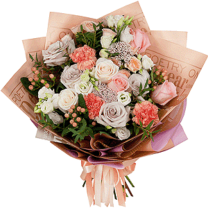 White rose 50 cm - 4, Pink rose 50 cm - 4, Pink carnation - 4, lisianthus - 4, Spray rose: white, cream, light pink 50 cm - 3, Rose Powder 50 cm Ecuador (Quicksand, Menta) - 4, Ozotamnus, Eucalyptus parvifolia (1 pc.), Hypericum, Wrapping Paper