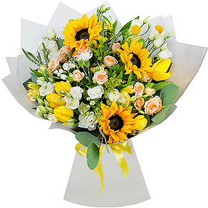 Sunflower - 4, Spray rose: white, cream, light pink 50 cm - 4, lisianthus - 4, Alstromeria Yellow, Orange - 4, Yellow tulip - 7, White spray carnation - 3, Solidago (1 pc.), Veronica spray, Craspedia, Pistachio, Eucalyptus populus (1 pc.),  Bouvardia, Wrapping Paper