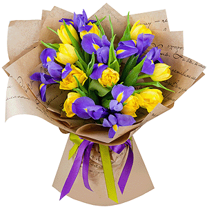 Irises - 8, Yellow tulip - 13, Wrapping Paper, Ribbon