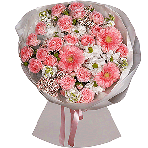 Bacardi White Spray Chrysanthemum - 3, Gerbera pink - 7, White Matthiola - 5, Bright pink spray rose mix, 50 cm - 5, Ozotamnus, Wrapping Paper
