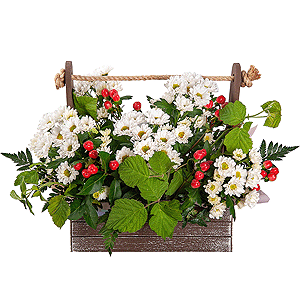 Santini White Spray Chrysanthemum - 7, Wooden pot, Oasis, Hypericum,  Raspberry branch