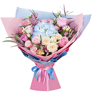 Blue/purple hydrangea - 1, Spray rose: white, cream, light pink 50 cm - 5, Pink Lisianthus (Eustoma) - 5, Pink rose 50 cm - 5, Eucalyptus, Wrapping Paper