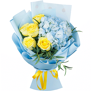 Blue/purple hydrangea - 1, Yellow rose 50 cm - 7, Eucalyptus, Wrapping Paper