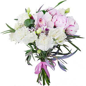 Carnation white, cream - 5, Pink Cymbidium Orchid Bud - 2, lisianthus - 3, Peony pink - 4, Alstromeria lilac, purple - 2, Eucalyptus, Flask for orchids, Aspidistra (1 pc.), Ribbon