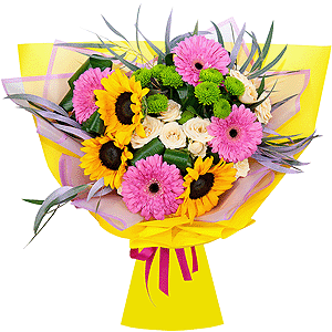 Sunflower - 5, Gerbera pink - 5, Athos pom Feeling Green - 3, Spray rose: white, cream, light pink 50 cm - 3, Aspidistra (1 pc.), Eucalyptus, Wrapping Paper