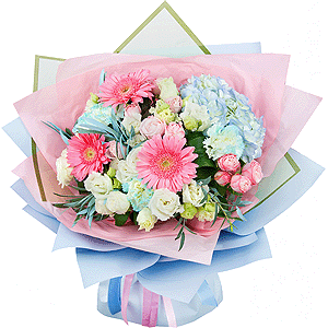 Blue/purple hydrangea - 1, Gerbera pink - 5, Blue carnation - 7, Spray rose: white, cream, light pink 50 cm - 4, lisianthus - 3, Aspidistra (1 pc.), Eucalyptus, Wrapping Paper