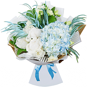 Blue/purple hydrangea - 1, Peony white - 5, lisianthus - 2, Eucalyptus, Salal, Wrapping Paper