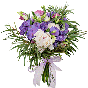 Peony white - 3, Carnation white, cream - 5, Pink Lisianthus (Eustoma) - 3, Blue/purple hydrangea - 1, Veronica spray, Eucalyptus, Flask for orchids, Ribbon
