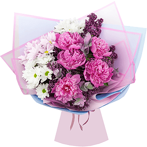 Peony pink - 7, Lilac Bush - 4, Bacardi White Spray Chrysanthemum - 3, Bacardi Pink Spray Chrysanthemum - 1, Wrapping Paper, Ribbon, Eucalyptus