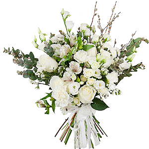 White rose 50 cm - 7, Spray rose: white, cream, light pink 50 cm - 3, Alstromeria white, soft pink - 2, Baltica White Spray Chrysanthemum - 3, Carnation white, cream - 3, lisianthus - 2, White statice, Bunch of willows, Ribbon, Eucalyptus Cinerea