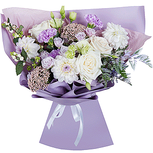 White rose 50 cm - 5, White Dahlia - 4, Lilac carnation - 5, Spray rose: white, cream, light pink 50 cm - 4, lisianthus - 4, Ozotamnus, Fern (1 pc.), Symphoricarpos, Wrapping Paper