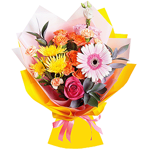 Spray rose: yellow, orange 50 cm - 3, Pink spray carnation - 3, Baltica Yellow Spray Chrysanthemum - 3, Pink Lisianthus (Eustoma) - 4, Gerbera pink - 2, Pink rose 50 cm - 3, Ruscus, Wrapping Paper