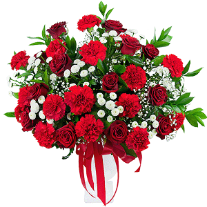 Carnation red - 24, Santini White Spray Chrysanthemum - 17, Gypsophila - 3, Red rose 50 cm - 22, Oasis, Ruscus