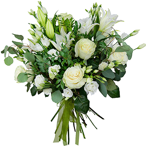 Lilies - 5, White rose 50 cm - 7, lisianthus - 5, Pistachio, Eucalyptus populus (1 pc.), Ribbon