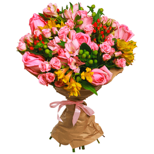 Pink rose 50 cm - 13, Bright pink spray rose mix, 50 cm - 11, Alstromeria white, soft pink - 4, Alstromeria Yellow, Orange - 4, Hypericum, Wrapping Paper