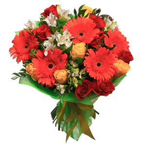 Pink rose 50 cm - 9, Red rose 50 cm - 9, Alstromeria white, soft pink - 5, Gerbera daisies - 9, Alstromeria Red, Bright Pink - 4, Pistachio, Felt, Ribbon