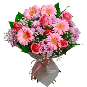 Pink rose 50 cm - 10, Gerbera pink - 9, Bacardi Pink Spray Chrysanthemum - 7, Gypsophila - 4, Salal, Felt, Ribbon