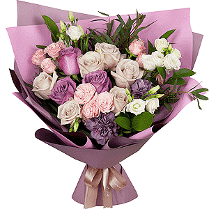 Rose Powder 50 cm Ecuador (Quicksand, Menta) - 9, Deep Purple rose - 5, Bright pink spray rose mix, 50 cm - 5, lisianthus - 3, Lilac carnation - 4, Ruscus, Eucalyptus parvifolia (1 pc.), Wrapping Paper