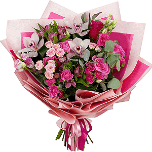 Pink rose 50 cm - 9, Pink Lisianthus (Eustoma) - 5, Alstromeria Red, Bright Pink - 4, Bright pink spray rose mix, 50 cm - 10, White Cymbidium Orchid Bud - 4, Eucalyptus Cinerea, Flask for orchids, Aspidistra (1 pc.), Wrapping Paper