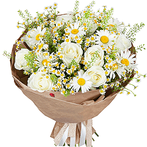Chamomile - 27, White rose 50 cm - 17, Bacardi White Spray Chrysanthemum - 5, Green bell (1 pc.), Wrapping Paper, Ladybug decorative, 1 pc.