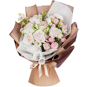 Peony style roses - 8, Bright pink spray rose mix, 50 cm - 6, Carnation white, cream - 5, lisianthus - 5, Ozotamnus, Dried flowers decor, Wrapping Paper