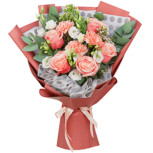 Peony rose Kahala 50 cm - 9, Pink carnation - 4, lisianthus - 5, Waxflower (1 pc.), Eucalyptus Cinerea, Wrapping Paper