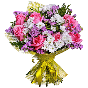 Pink rose 50 cm - 12, Santini White Spray Chrysanthemum - 8, Pistachio, Mesh (Abaka), Blue Statice, Ribbon