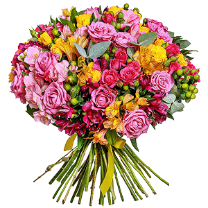 Pink rose 50 cm - 25, Bright pink spray rose mix, 50 cm - 8, Alstromeria Red, Bright Pink - 6, Alstromeria Yellow, Orange - 6, Alstromeria lilac, purple - 5, Spray rose: yellow, orange 50 cm - 9, Hypericum, Eucalyptus Cinerea, Ribbon