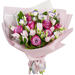 Deep Purple rose - 11, Tulip white - 23, Purple Lisianthus (Eustoma) - 6, Ruscus, Wrapping Paper