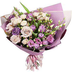 Lilac tulip - 13, Spray rose: white, cream, light pink 50 cm - 4, Pink Lisianthus (Eustoma) - 7, White rose 50 cm - 7, Lilac carnation - 4, Waxflower (1 pc.), Wrapping Paper