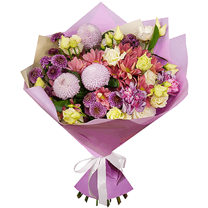 Daisy poms Santini pink, purple - 4, Momoko Chrysanthemum - 5, lisianthus - 5, Lilac carnation - 4, Bacardi Pink Spray Chrysanthemum - 4, Wrapping Paper, Ruscus