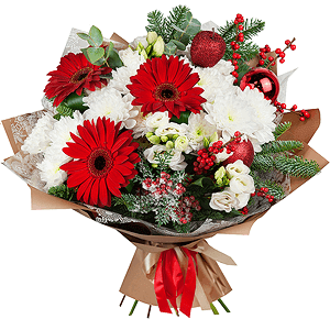 Gerbera red - 5, lisianthus - 4, Baltica White Spray Chrysanthemum - 5, Wrapping Paper, Ribbon, Eucalyptus Cinerea, Ilex, Aspidistra (1 pc.), Spruce branches (1pc.), Christmas decor (set)