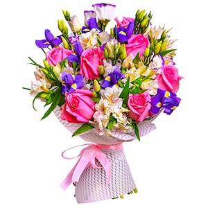 Purple Lisianthus (Eustoma) - 6, Alstromeria white, soft pink - 6, Pink rose 50 cm - 9, Irises - 10, Ribbon, Felt