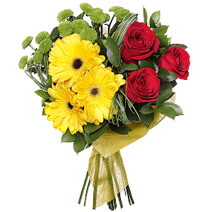 Red rose 50 cm - 4, Gerbera yellow - 4, Athos pom Feeling Green - 4, Ruscus, Beargrass (1 pc.), Felt, Ribbon
