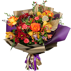 Yellow rose 50 cm - 5, Orchid bud yellow/brown Cymbidium - 6, Alstromeria white, soft pink - 5, Pink spray carnation - 7, Bacardi Red Spray Chrysanthemum - 5, Flask for orchids, Aspidistra (1 pc.), Sedum, Limonium (1 pc.), Eucalyptus parvifolia (1 pc.), Wrapping Paper, Decorative element medium