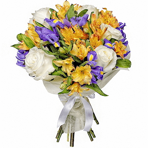 White rose 50 cm - 7, Alstromeria Yellow, Orange - 6, Irises - 9, Felt, Ribbon
