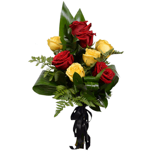 Red rose 50 cm - 8, Yellow rose 50 cm - 8, Aspidistra (1 pc.), Ruscus, Fern (1 pc.), Ribbon
