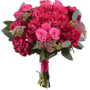 Pink Hydrangea - 2, Pink carnation - 7, Bright pink spray rose mix, 50 cm - 5, Sedum, Eucalyptus parvifolia (1 pc.), Ribbon