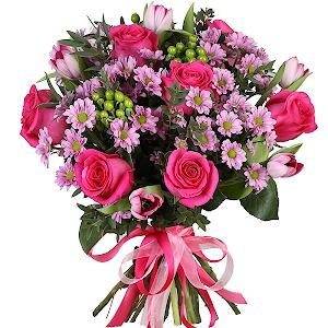 Pink rose 50 cm - 10, Pink tulip - 7, Daisy poms Santini pink, purple - 7, Hypericum, Eucalyptus parvifolia (1 pc.), Ribbon