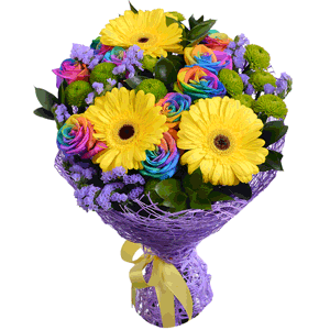 Rainbow rose - 15, Athos pom Feeling Green - 5, Gerbera yellow - 5, Blue Statice, Ruscus, Sisal, Ribbon