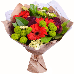 Rose black - 9, Gerbera red - 5, Athos pom Feeling Green - 4, Yellow Statice, Salal, Wrapping Paper, Ribbon