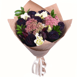 Rose black - 13, lisianthus - 6, Leukodendron, Sedum, Ruscus, Wrapping Paper, Ribbon