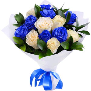 Arrangement of white and blue roses with delivery Moscow
