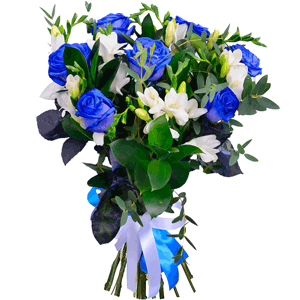 Arrangement of blue roses and freesias with delivery Moscow