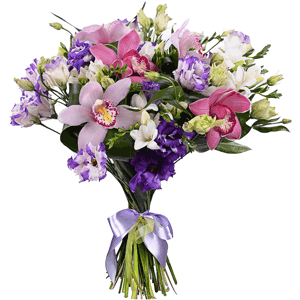 Pink Cymbidium Orchid Bud - 8, Freesia - 23, Purple Lisianthus (Eustoma) - 12, Aspidistra (1 pc.), Flask for orchids, Ribbon
